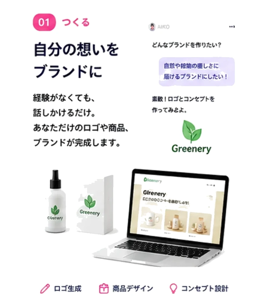 つくる — 自分の想いをブランドに。ロゴ生成・商品デザイン・コンセプト設計